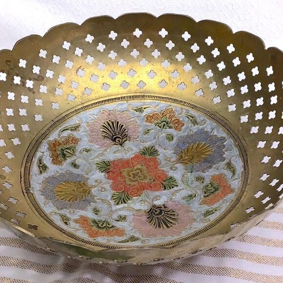 Cloisonné Decorative Floral Filigree Solid Brass Bowl - Picture 7 of 15